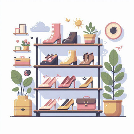 Shelves with shoes and accessories. Vector illustration in flat styleのイラスト素材