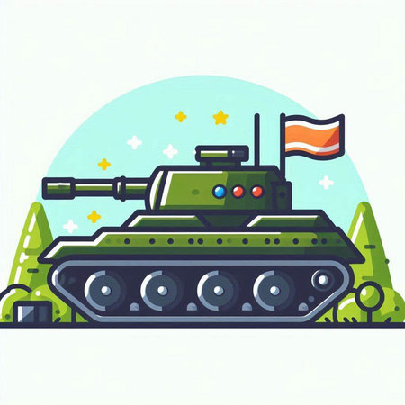 Cartoon vector illustration of a tank with a flag in the backgroundのイラスト素材