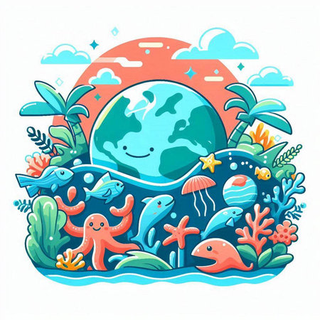 Vector illustration of the underwater world with cute animals. Cartoon style.のイラスト素材