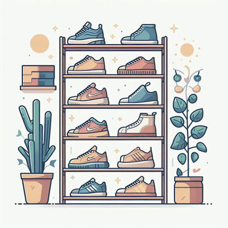 Vector illustration of a shelf with sneakers and succulents in a flat style.のイラスト素材