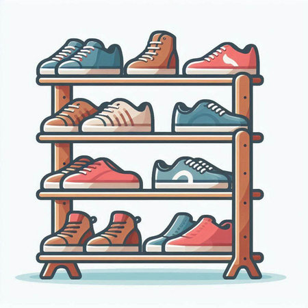 Shelves with different shoes. Vector illustration in cartoon style.のイラスト素材