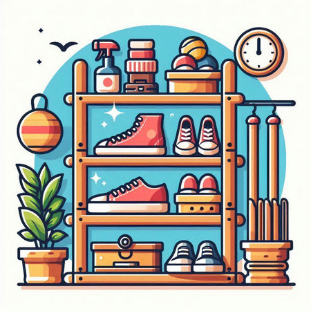 Shelves with sport equipment. Vector illustration in flat style.のイラスト素材