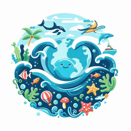 Vector illustration of a cute cartoon whale swimming in the sea. Marine life.のイラスト素材