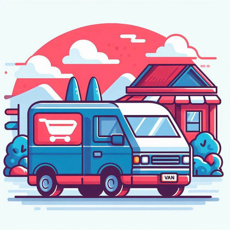 Truck with shopping cart in a city street. Vector illustration.のイラスト素材