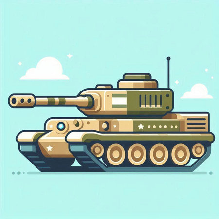 Cartoon tank in flat style on blue background. Vector illustration.のイラスト素材