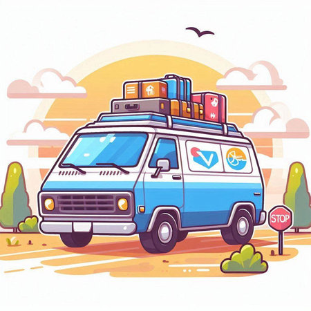 Van with luggage on the road. Vector illustration in cartoon style.のイラスト素材