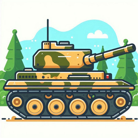 Military tank in the forest. Vector illustration in flat cartoon style.のイラスト素材
