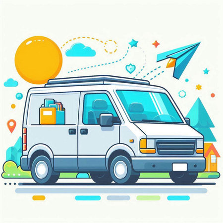Vector illustration of a white van with luggage on the roof. Flat styleのイラスト素材