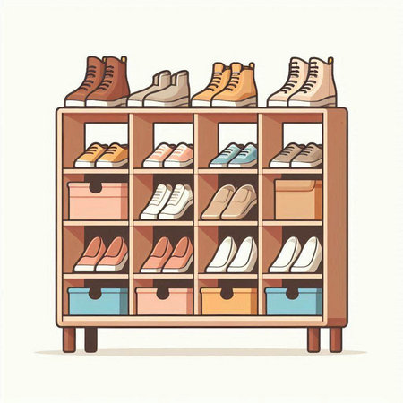 Illustration of a shoe rack with different shoes. Vector illustration.のイラスト素材