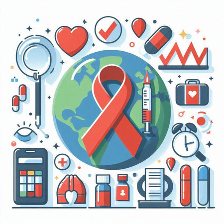 Vector illustration of World Aids Day. Red ribbon and icons.のイラスト素材