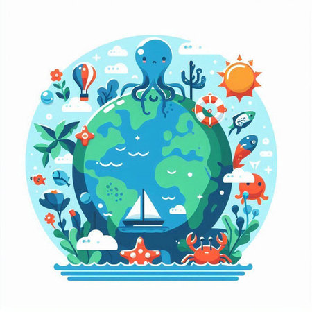 Sea life vector illustration in flat cartoon style. Planet Earth with sea animals and fish.のイラスト素材