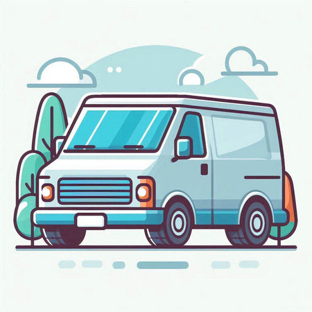 Vector illustration of van in flat design style on white background with forest and sky.のイラスト素材