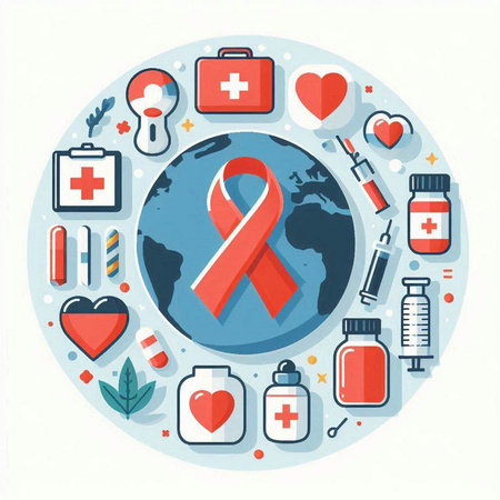 Vector illustration of World Aids Day concept with red ribbon and icons.のイラスト素材