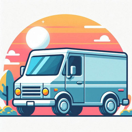 Vector illustration of a van on the background of the setting sun.のイラスト素材