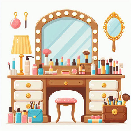 Makeup table with mirror and cosmetics. Vector illustration in cartoon styleのイラスト素材