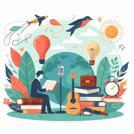 Back to school concept. Vector illustration in flat cartoon style. Schoolboy sits on a chair with books, guitar, lamp, clock, globe, books and other things.のイラスト素材