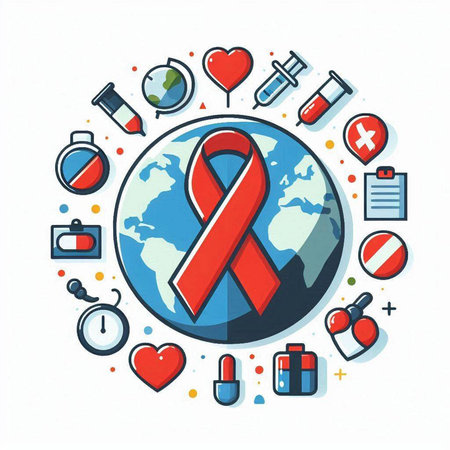 World AIDS Day concept with red ribbon and icons. Vector illustration.のイラスト素材