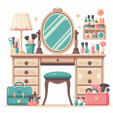 Vector illustration of a dressing table with makeup products and a mirror.のイラスト素材