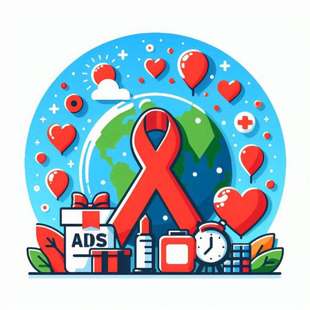 Vector illustration of World AIDS Day concept with red ribbon and icons.のイラスト素材