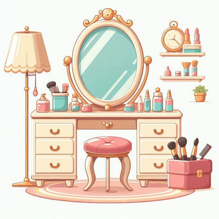 Vector illustration of a dressing table with a mirror and cosmetics in a flat styleのイラスト素材