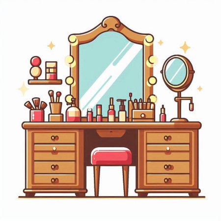 Vector illustration of a dressing table with mirror and cosmetics in cartoon styleのイラスト素材