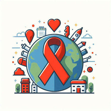 Vector illustration of World Aids Day. Red ribbon on the globe.のイラスト素材