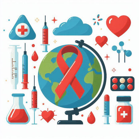 Vector illustration of world aids day with red ribbon, syringe, globe, heart, pills.のイラスト素材