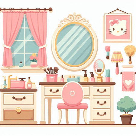 Vector illustration of a dressing room interior with mirror, mirror, chair, cosmetics and other items.のイラスト素材