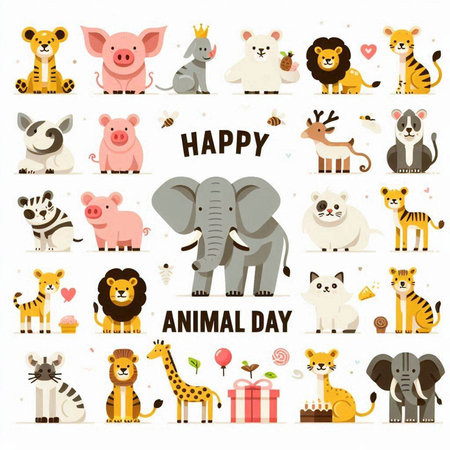 Set of cute cartoon animals. Happy Animal Day. Vector illustration.vector, icon, symbol, design, illustration, graphic, set, abstract, line, elementのイラスト素材