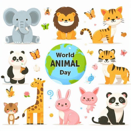 World Animal Day. Cute cartoon animals set. Vector illustration.のイラスト素材