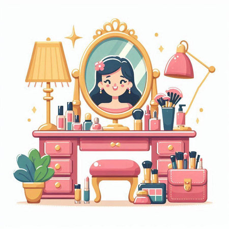 Makeup room with mirror and cosmetics. Vector illustration in cartoon stylevector, icon, symbol, design, illustration, graphic, set, abstract, line, elementのイラスト素材