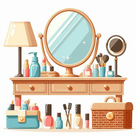 Vector illustration of a dressing table with a mirror and cosmetics. Vector illustrationのイラスト素材