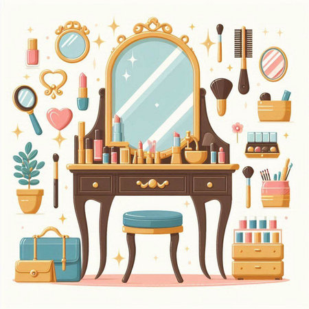 Make up room with mirror and cosmetics. Vector illustration in flat styleのイラスト素材