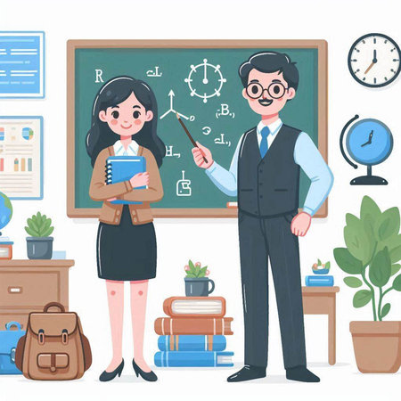 Teacher and student in classroom. Vector illustration in cartoon style.のイラスト素材
