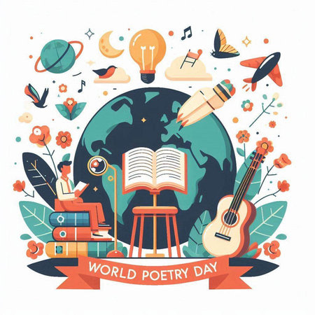 World Book Day. Vector illustration with globe, books, guitar and other elements.のイラスト素材