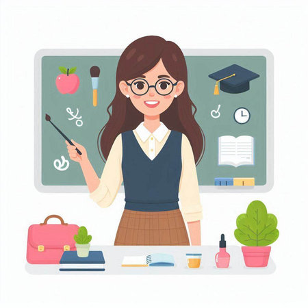 Teacher in front of blackboard. Back to school. Vector illustration.のイラスト素材