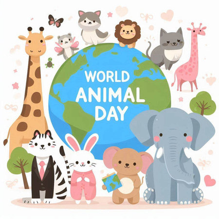 World Animal Day. Cute cartoon animals around the world. Vector illustration.のイラスト素材
