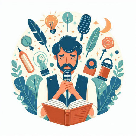 Vector illustration of a man with a microphone and a book in his handsvector, icon, symbol, design, illustration, graphic, set, abstract, line, elementのイラスト素材