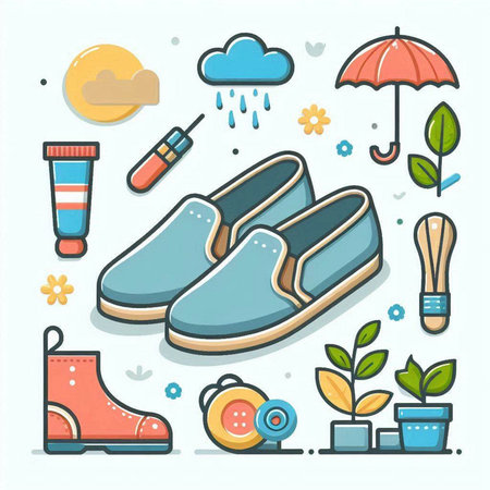 Flat line design vector illustration icons set of footwear and accessories.のイラスト素材