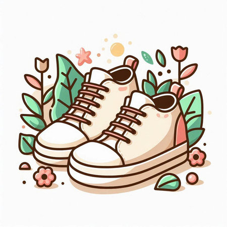Hand drawn vector illustration of sneakers and flowers. Isolated objects on white background.のイラスト素材