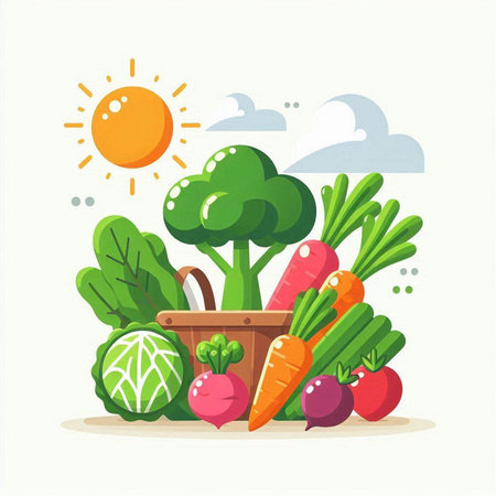 Vector illustration of a basket full of fresh vegetables. Healthy food concept.のイラスト素材