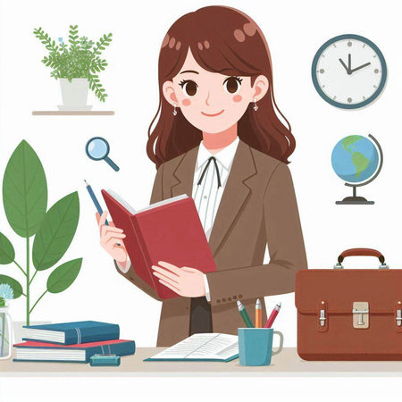 Businesswoman read a book at the desk in the office, vector illustrationのイラスト素材