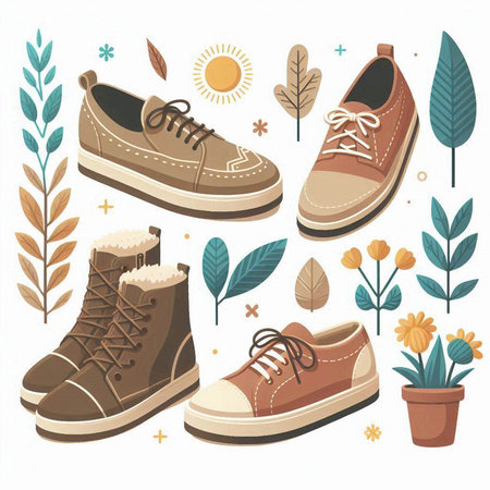 Set of shoes with flowers, leaves and plants. Vector illustration.のイラスト素材