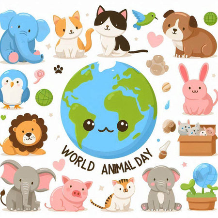 World Animal Day. Cute Cartoon Animals. Vector Illustration.のイラスト素材