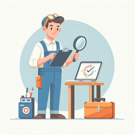 Vector illustration of a young man in overalls, holding a magnifying glass, looking through a magnifying glass on a checklist.のイラスト素材