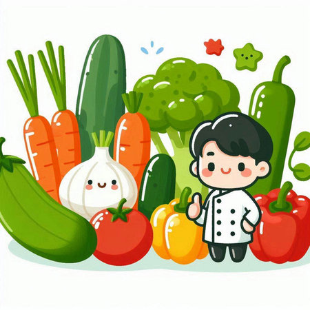 Cute chef and vegetables. Vector illustration of a cartoon character.のイラスト素材