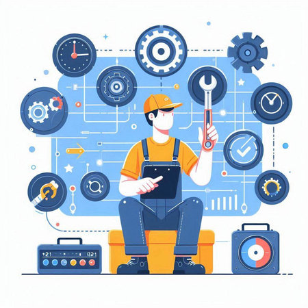 Repairman with wrench and tools. Vector illustration in flat styleのイラスト素材