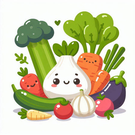Vegetables cartoon character. Cute healthy food vector illustration.のイラスト素材