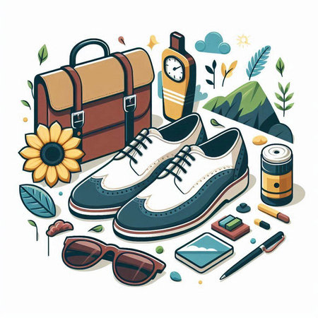 Vector illustration of a set of travel items and accessories. Isometric style.のイラスト素材