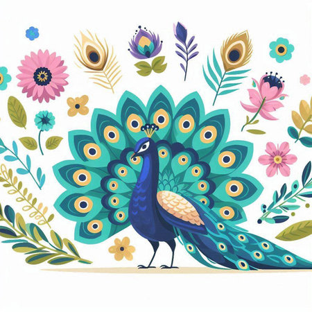 Peacock and flowers vector illustration. Cute cartoon style.のイラスト素材